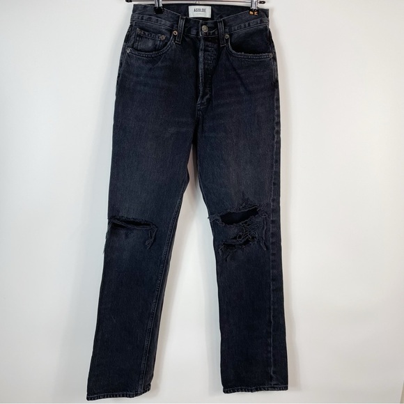 AGOLDE Lana Straight High Rise Button Fly Jeans Black Distressed - Picture 4 of 12